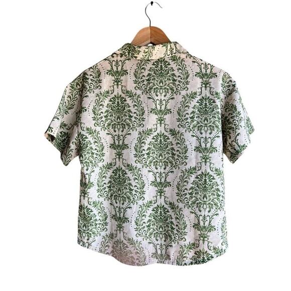 Vintage 60s Green Women's Satin Paisley Pocket Short Sleeve Button Up LARGE - Picture 3 of 3
